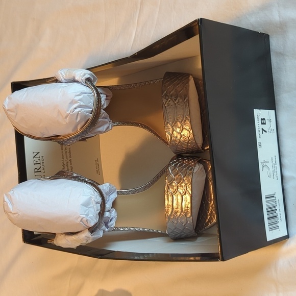 Lauren Ralph Lauren 7B snakeskin, genuine, leather, silver high heel sandals - Picture 8 of 9